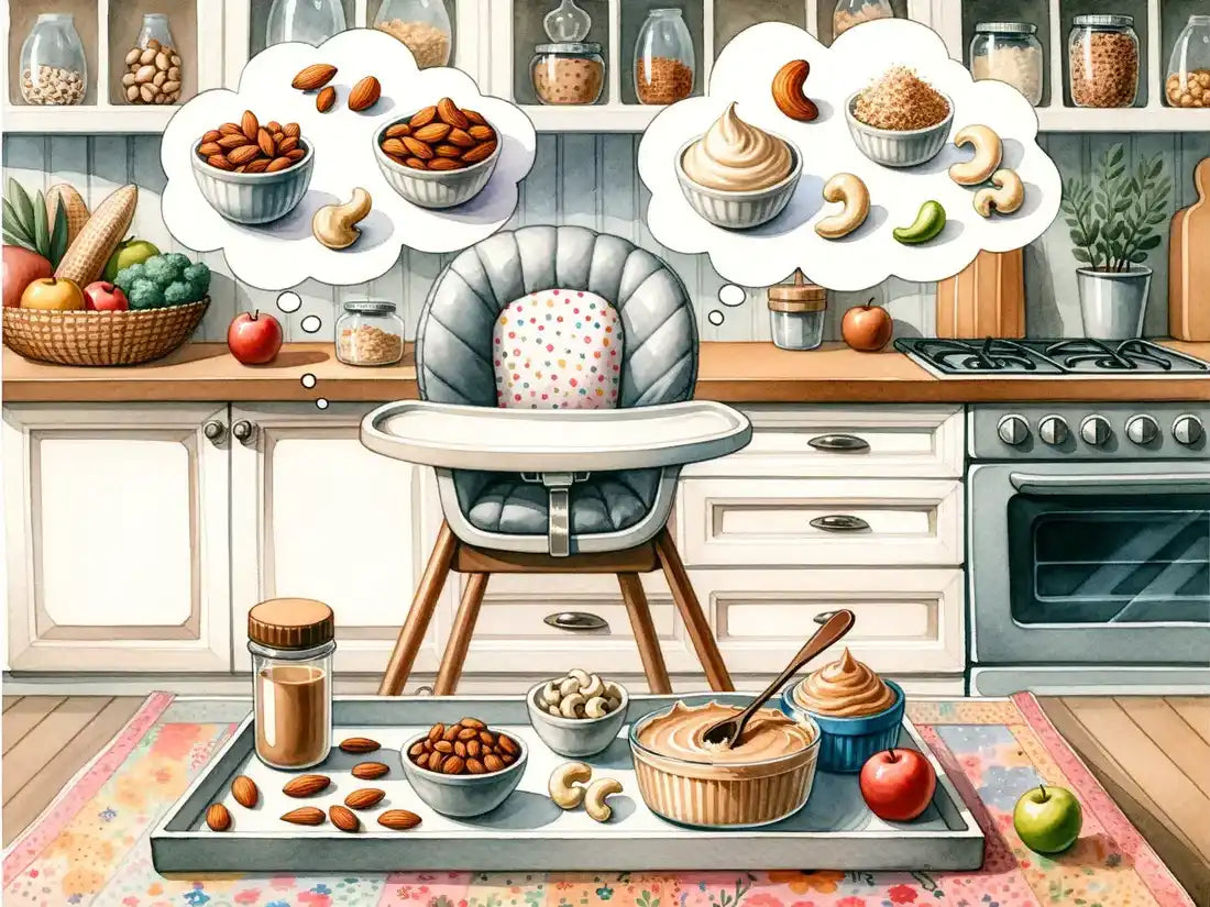 Illustration of a kitchen with nut butters, almonds, and cashews prepared for safely introducing nuts to babies.