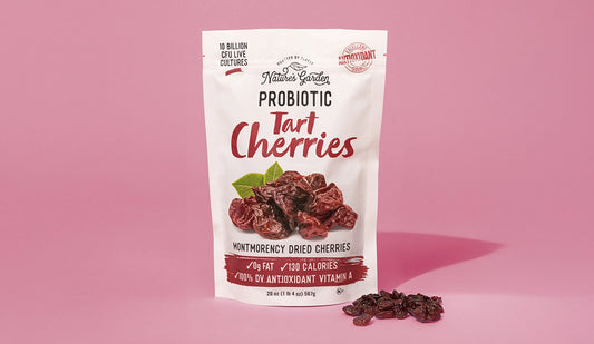 Nature's Garden probiotic tart cherries, a gluten-free, high fiber snack ideal for healthy digestion and immune support.