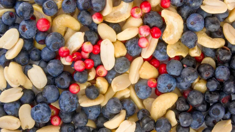 Close-up of mixed nuts and berries, including peanuts, cashews, blueberries, and red currants for healthy snacking.