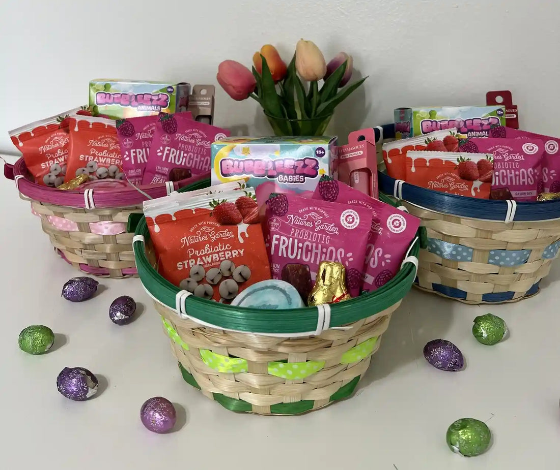 Nature’s Garden Easter basket gift idea with probiotic strawberry snacks, FruiChias, Bubbleezz treats, tulips, and foil Easter eggs.