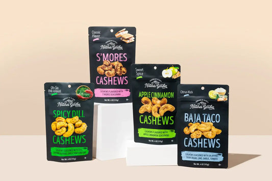 Nature’s Garden artisanal cashew snacks in unique flavors like Baja Taco, S’mores, and Spicy Dill for bold snacking.