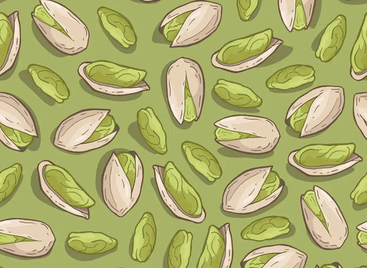 Illustrated pattern of shelled and unshelled pistachios on a green background, highlighting the health benefits of pistachios.