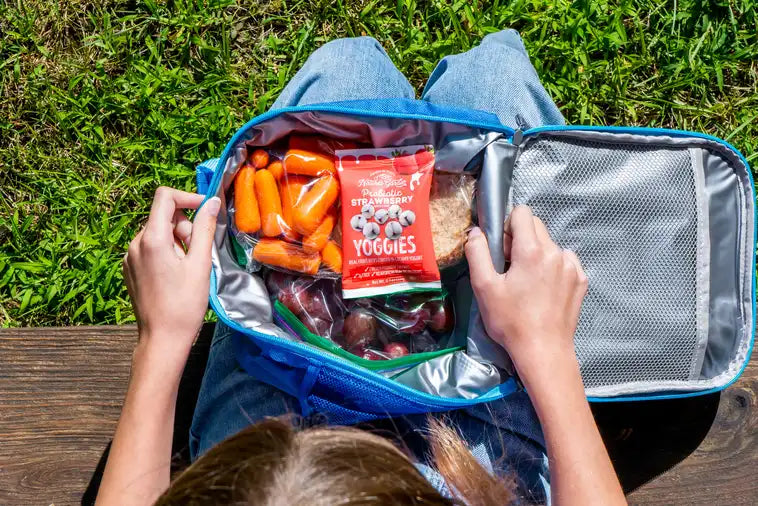 Child opening a lunchbox filled with carrots, grapes, a sandwich, and a pouch of Nature’s Garden Probiotic Strawberry Yoggies, a kid-friendly yogurt-covered fruit snack perfect for school lunches and on-the-go snacking.