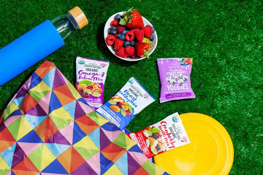 Nature’s Garden Organic trail mix snack packs and Probiotic Mixed Berry Yoggies on picnic blanket with fruit bowl in USA park.