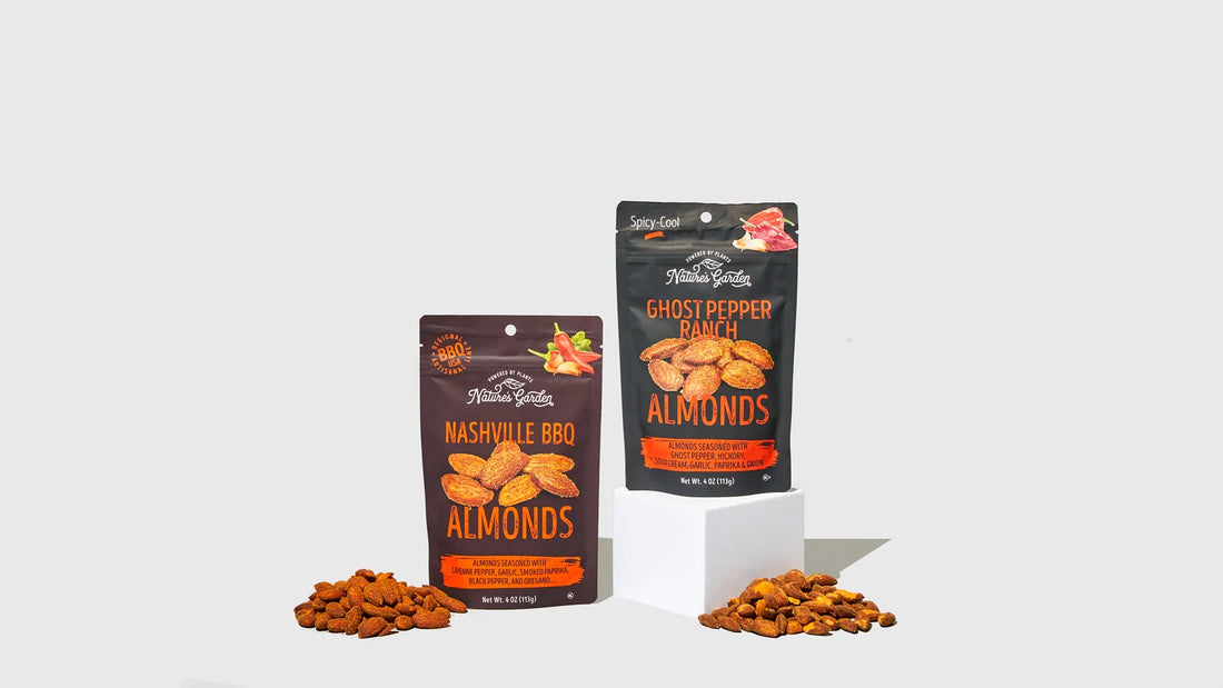 Nature’s Garden Nashville BBQ Almonds and Ghost Pepper Ranch Almonds snack packs in USA, seasoned spicy artisanal nuts display.