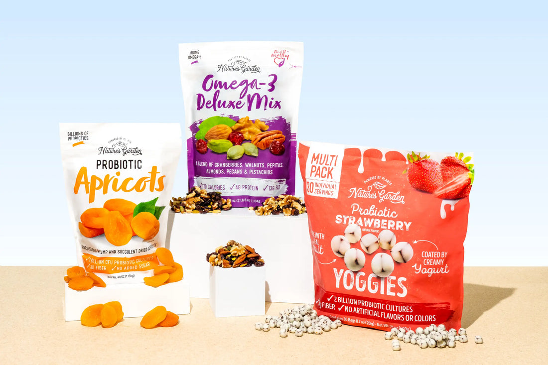 A colorful assortment of healthy snacks, including yogurt-covered fruit, nuts, and dried fruit, celebrating National Nutrition Month and balanced eating.