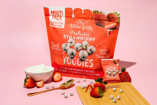 Nature’s Garden Probiotic Strawberry Yoggies multipack with yogurt bites, fresh strawberries, and school-safe snack packs