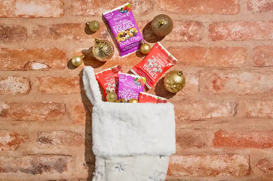 Holiday stocking filled with Nature’s Garden probiotic Yoggies snacks, festive Christmas stocking stuffer ideas on a rustic brick background