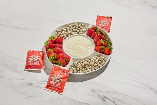 Nature’s Garden Strawberry Probiotic Yoggies snack packs with fresh strawberries and yogurt dip