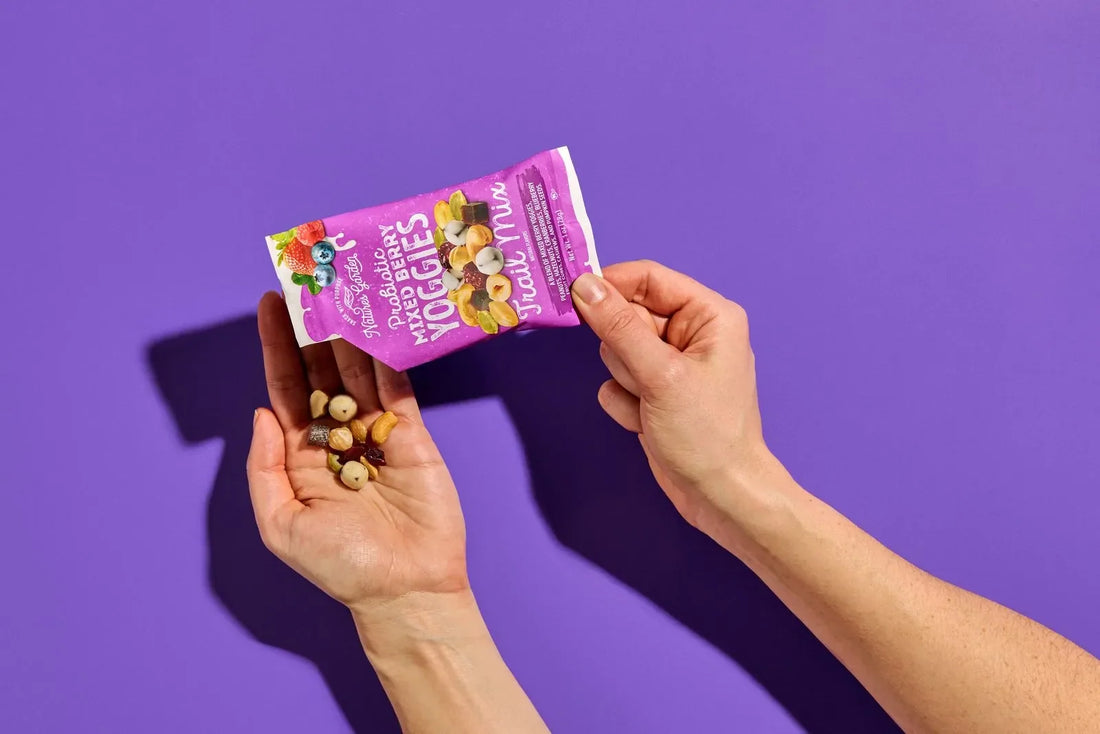 Nature’s Garden Probiotic Mixed Berry Yoggies Trail Mix with fruit, nuts, seeds, and probiotics.