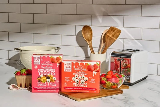 Nature’s Garden Strawberry Yoggies and Trail Mix with fresh strawberries
