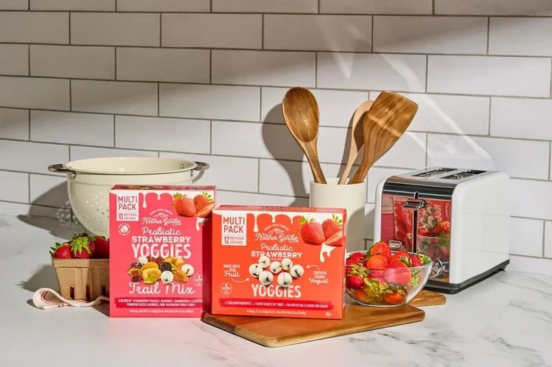 Nature’s Garden Strawberry Yoggies and Trail Mix with fresh strawberries