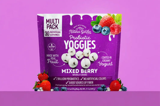 A package of Nature's Garden Probiotic Mixed Berry Yoggies, which are yogurt-covered fruit bites, against a purple background with illustrations of strawberries, blueberries, and other fruits.