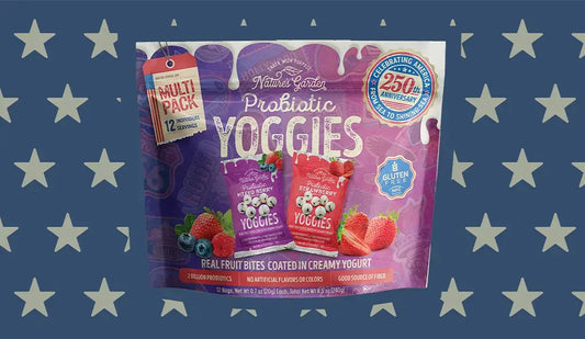 Nature's Garden Probiotic Yoggies Strawberry and Mixed Berry yogurt-covered fruit bites multipack, gluten-free probiotic snack made with real fruit and creamy yogurt coating