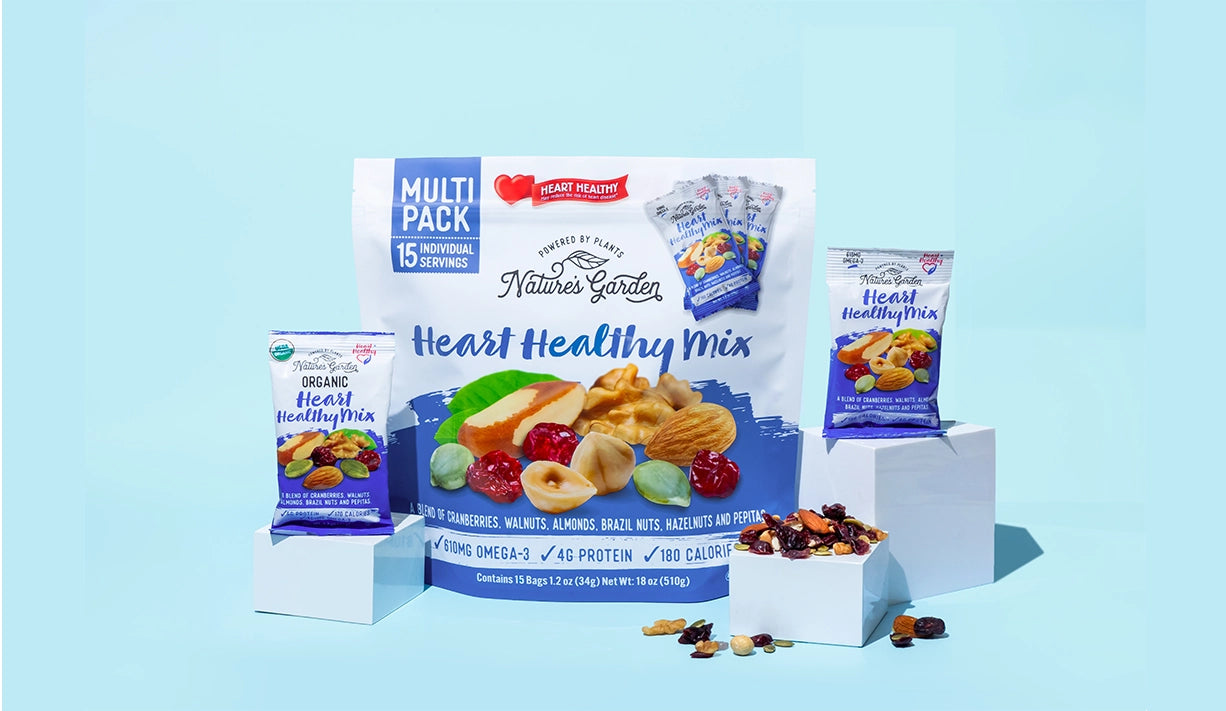 Nature's Garden Heart Healthy Mix – heart healthy snacks with cranberries, walnuts, almonds, Brazil nuts, and pepitas, rich in omega-3s.