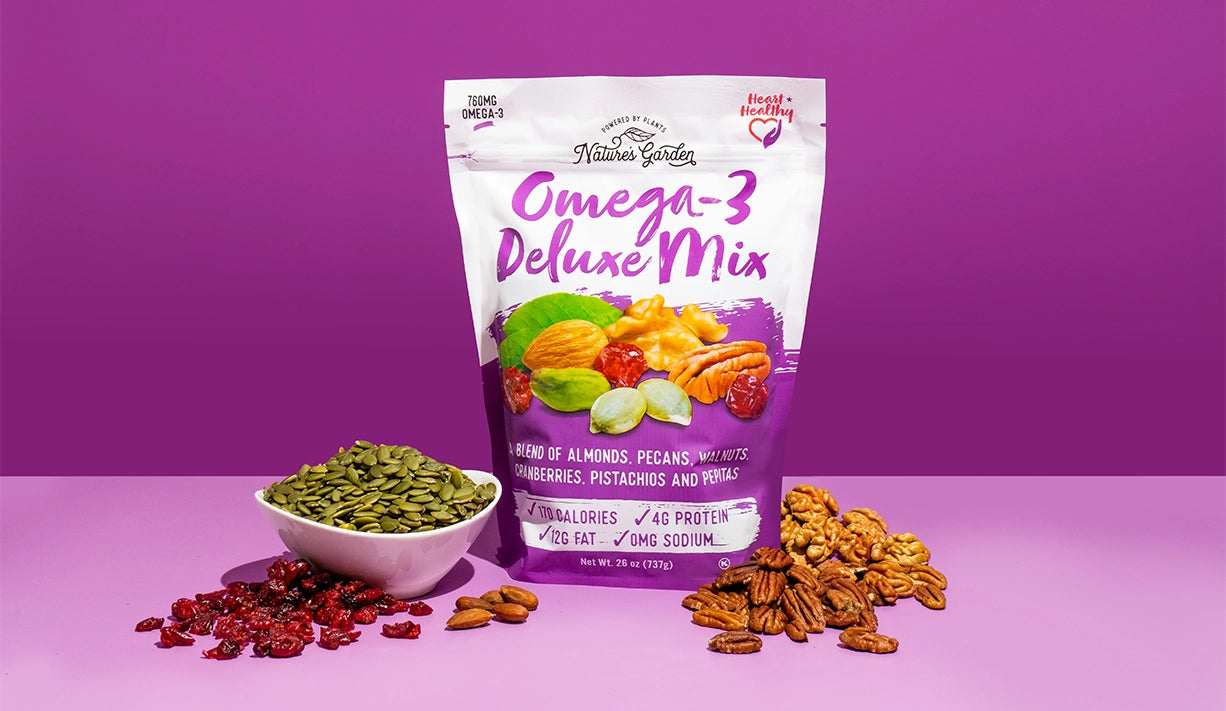 Heart-healthy omega-3 trail mix with walnuts, almonds, and cranberries in convenient individual packs, gluten-free and high in protein