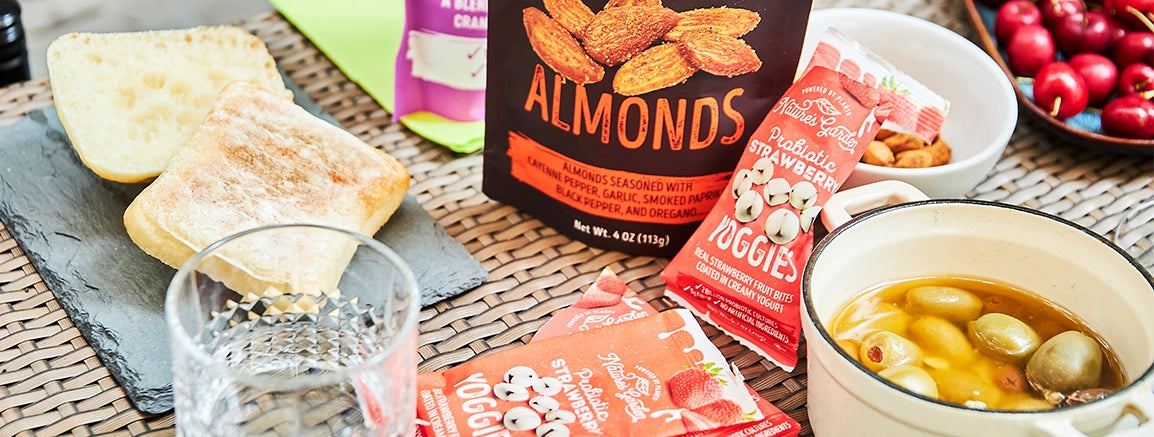 Ingredients in Mediterranean Almonds: Marcona almonds seasoned with garlic, rosemary, oregano, basil, olive oil, and sea salt