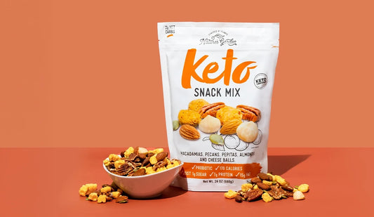 Nature’s Garden Keto Snack Mix with nuts, seeds, and cheese balls in a bowl and bag, low-carb and high-fat keto-friendly snack.