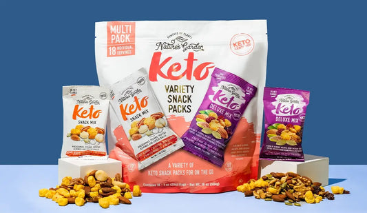 Nature’s Garden Keto Variety Snack Packs featuring deluxe and classic keto mixes with cheese balls, nuts, and seeds on display.