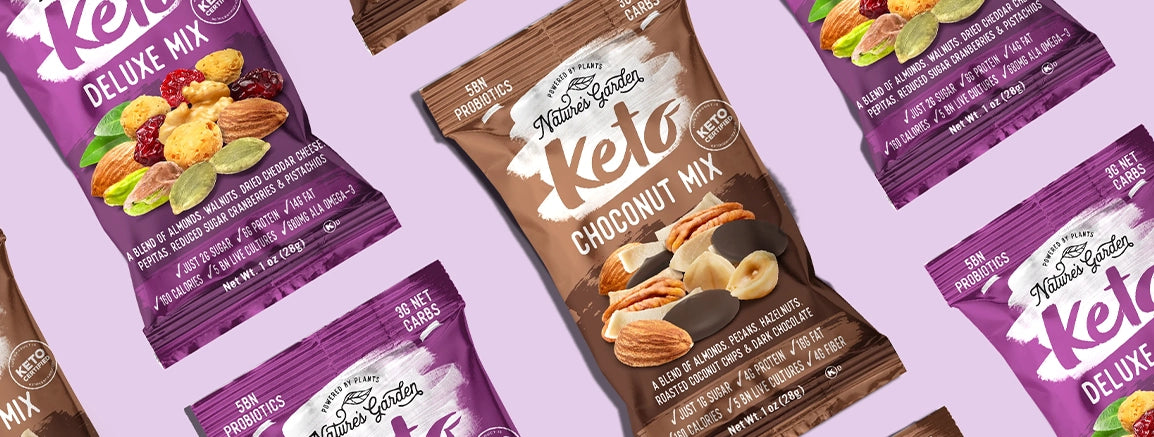 Keto-certified snack pack featuring savory Deluxe Mix with nuts and cheese, and sweet Choco Nut Mix with dark chocolate.