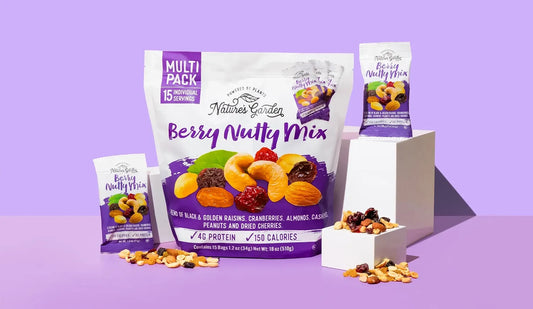 Nature’s Garden Berry Nutty Mix multipack with 15 snack-size bags featuring a blend of nuts, dried berries, and raisins.