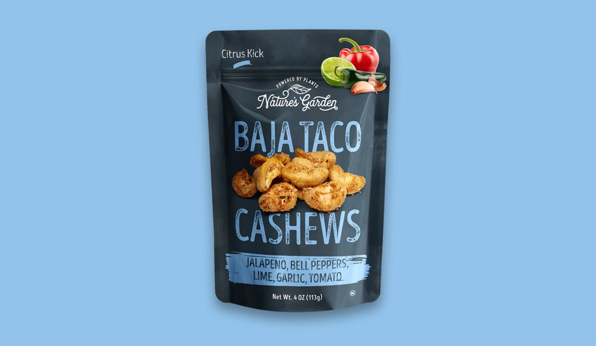 Nature's Garden Baja Taco Cashews – seasoned cashews with spicy Baja flavor, including lime, jalapeno, garlic, and tomato