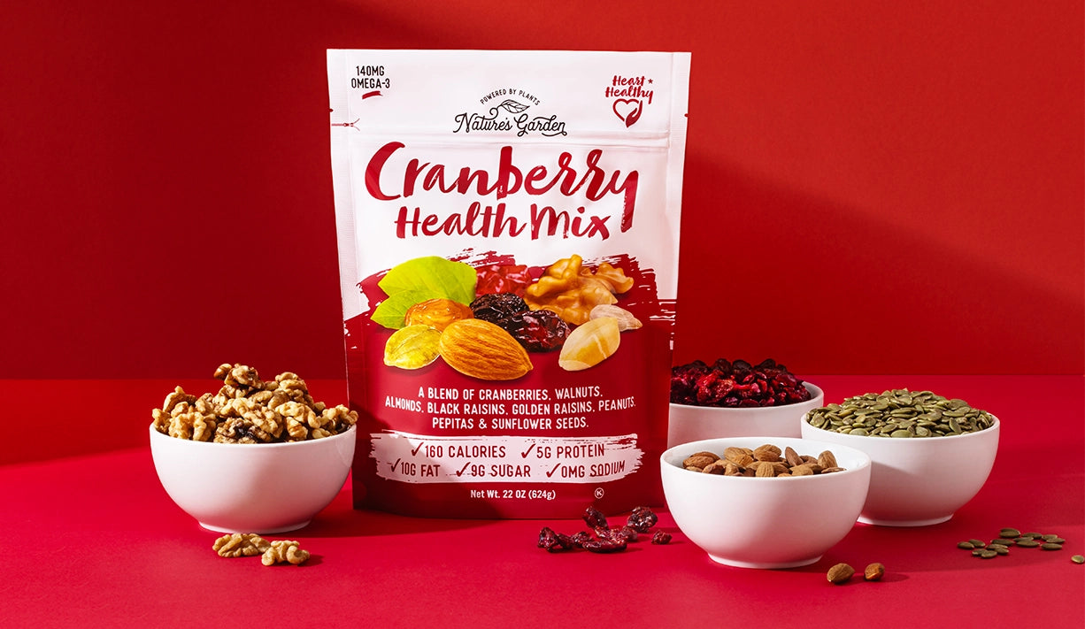 Nature's Garden Cranberry Health Mix – fruit and nut trail mix with cranberries, almonds, walnuts, and sunflower seeds, heart-healthy snack