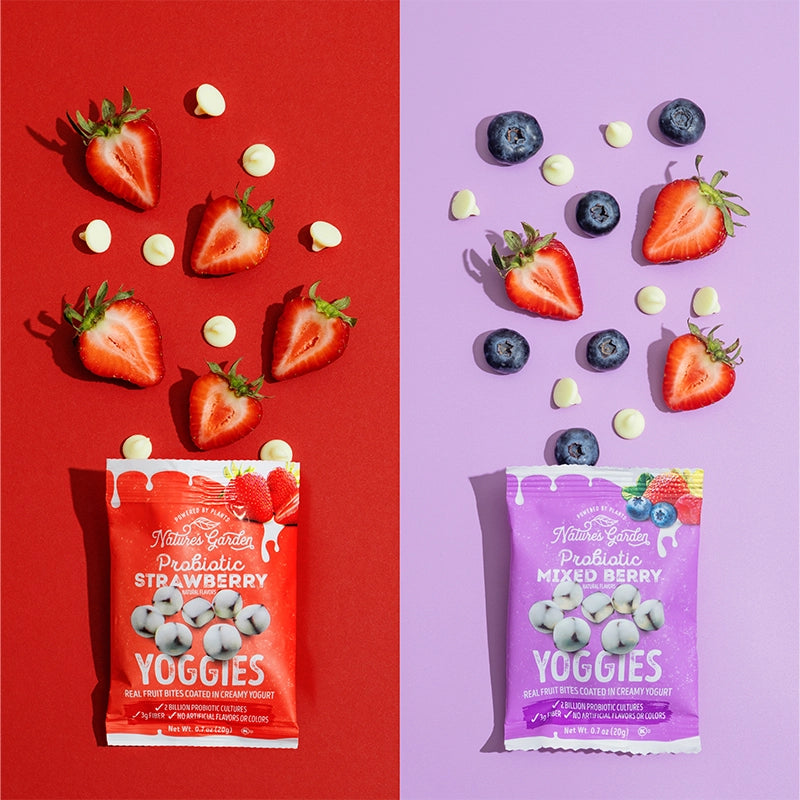 Nature’s Garden Probiotic Yoggies Snack Pack – individually packed strawberry and mixed berry bites with all-natural fruit center and yogurt coating.