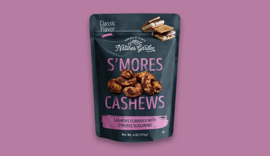 Nature's Garden S'mores Cashews – cashews with nostalgic s'mores flavor, combining chocolate, marshmallow, and graham cracker essence