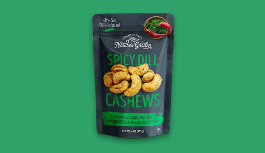 Nature's Garden Spicy Dill Cashews – tangy, dill-seasoned cashews with garlic, cayenne pepper, and vinegar for a bold flavor