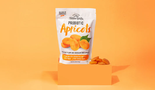Nature's Garden probiotic apricots – chewy, healthy fruit snacks rich in fiber and antioxidants, perfect for digestive health.