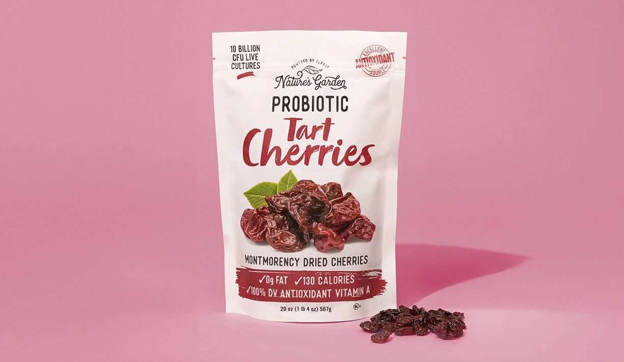 Nature's Garden probiotic tart cherries, a gluten-free, high fiber snack ideal for healthy digestion and immune support.