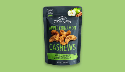 Nature's Garden Apple Cinnamon Cashews – sweet and spiced cashews flavored with apple, cinnamon, and brown sugar for a cozy snack