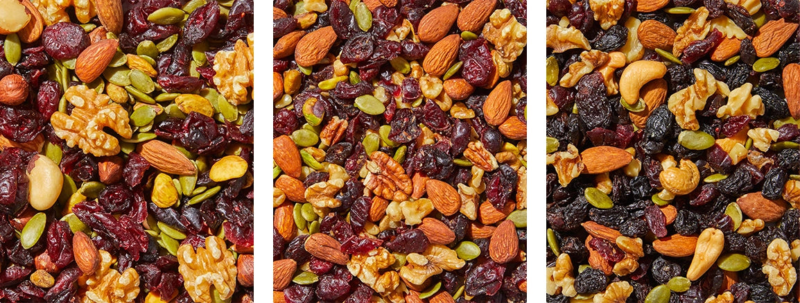 Organic ingredients in Nature's Garden trail mix: almonds, walnuts, pepitas, cranberries, sunflower seeds, and black raisins