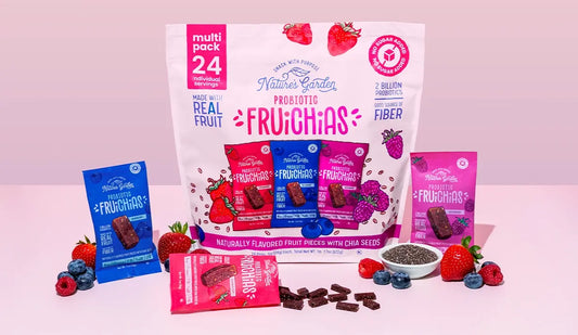 Nature’s Garden Probiotic Fruichias multipack with strawberry, blueberry, and raspberry fruit pieces made with chia seeds.