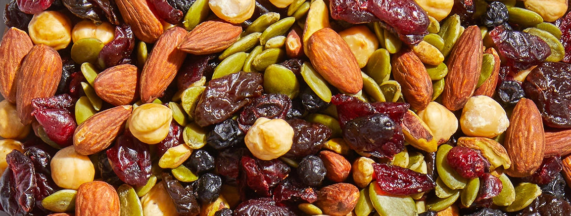 Ingredients in Probiotic Immune Booster: almonds, hazelnuts, pepitas, cranberries, tart cherries, blueberries, and pistachios