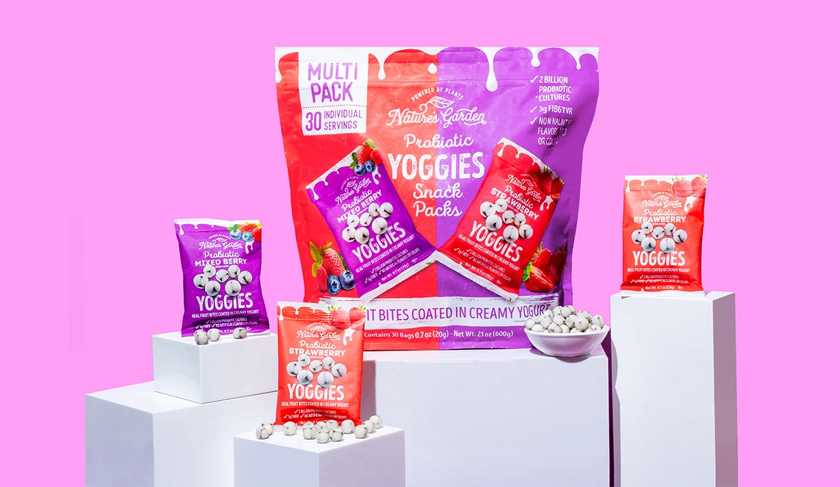 Creamy yogurt-covered bites with strawberry and mixed berry flavors, offering a delicious, chewy probiotic snack.