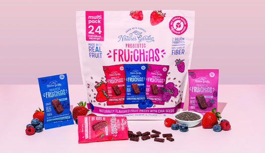 Probiotic Fruichias fruit snacks with chia seeds, high-fiber, gluten-free, and no sugar added for kids and adults.