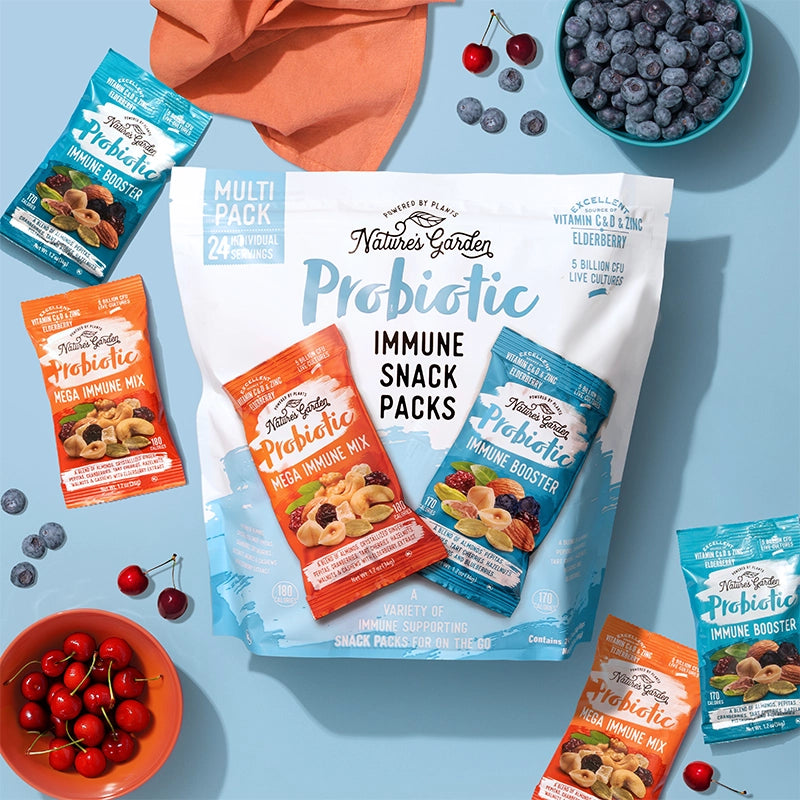 Probiotic trail mix for adults – Nature's Garden immune-boosting snacks, ideal for hiking, work, and travel with healthy nuts and fruit