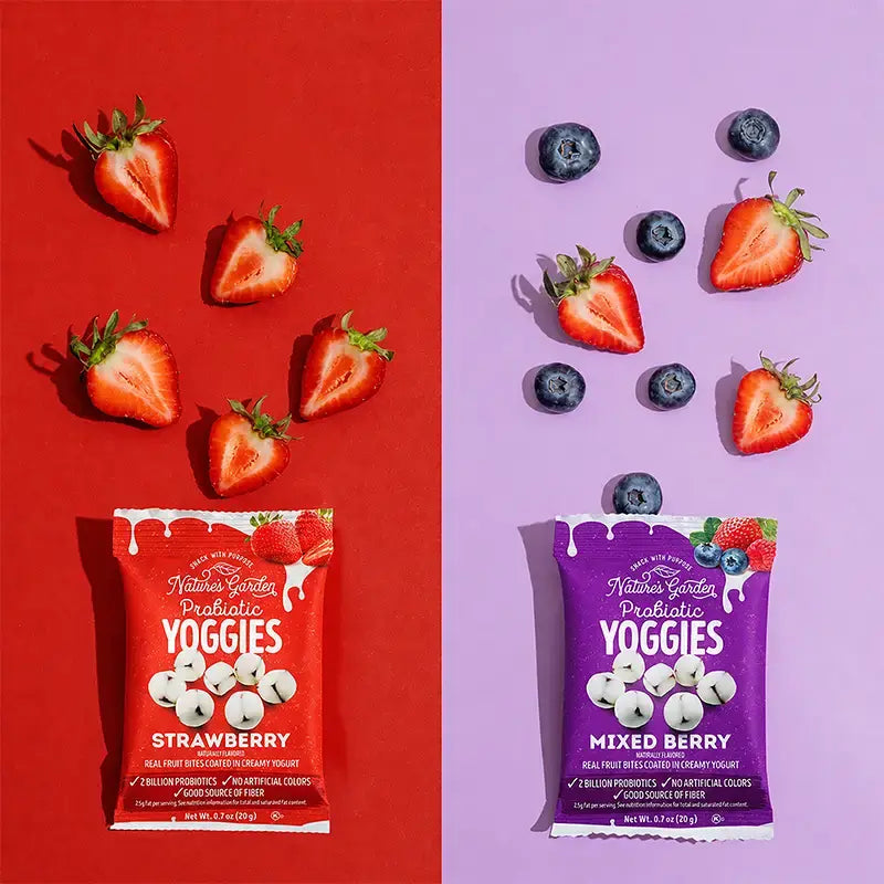 Nature’s Garden Probiotic Yoggies Strawberry and Mixed Berry with fresh fruit and yogurt bites on red and purple backgrounds.